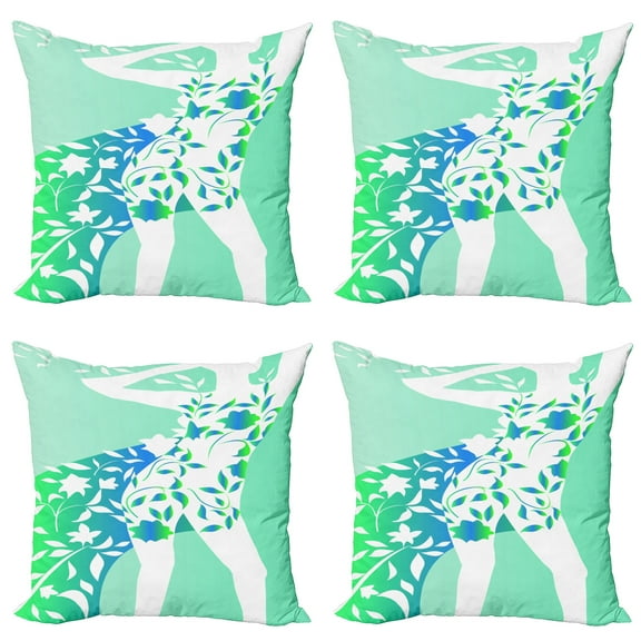 Ambesonne Floral Throw Pillow Cover 4 Pack, Girl Flower Petal Leaves, 24", Turquoise Teal White