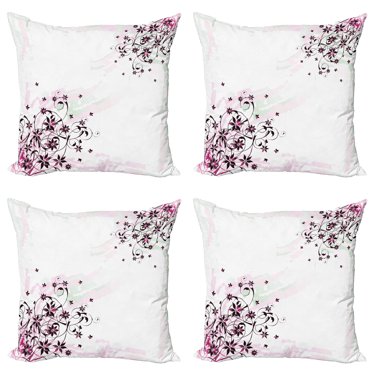 Ambesonne Floral Throw Pillow Cover 4 Pack, Grunge Flower Motif Leaf, 20", Black Pale Pink Mint
