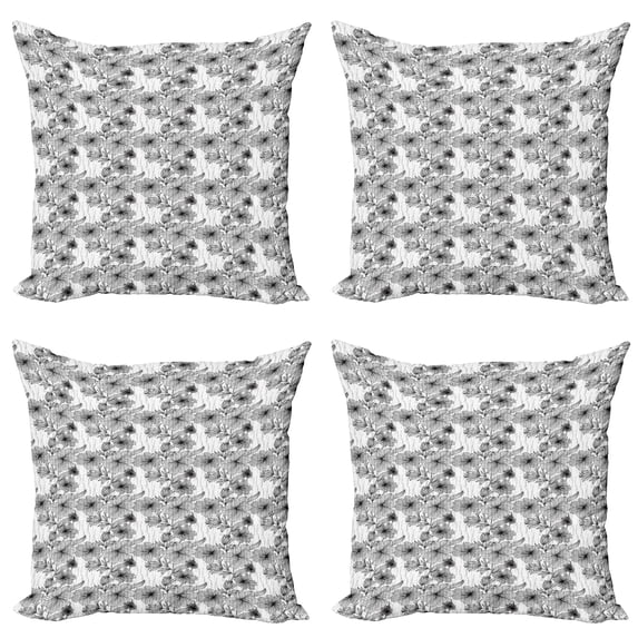 Ambesonne Floral Throw Pillow Cover 4 Pack, Hand Drawn Line Art Design, 16", Black and White