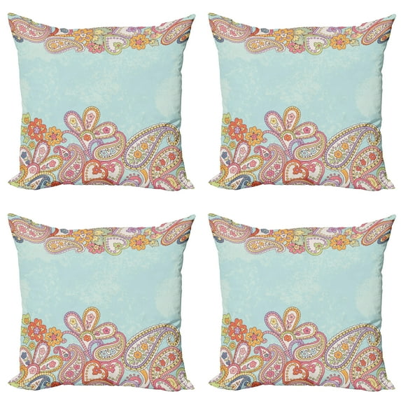 Ambesonne Floral Throw Pillow Cover 4 Pack, Hand Drawn Retro Paisley, 20", Multicolor