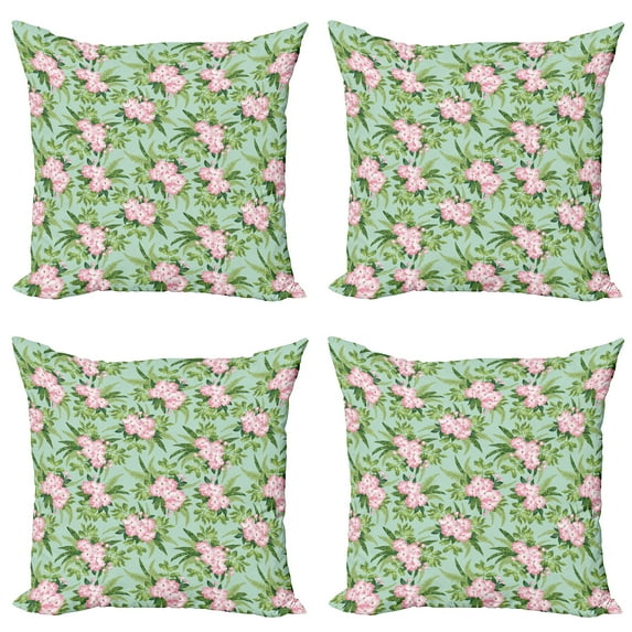 Ambesonne Floral Throw Pillow Cover 4 Pack, Hibiscus Blooming Bouquets, 16", Olive Green Seafoam Pink