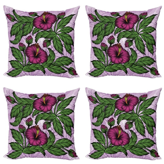 Ambesonne Floral Throw Pillow Cover 4 Pack, Hibiscus Blossoms Pattern, 16", Lilac Purple Olive Green