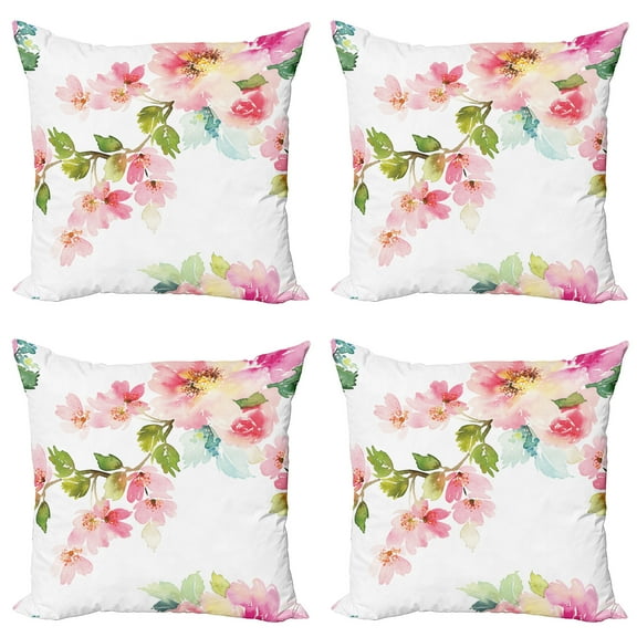 Ambesonne Floral Throw Pillow Cover 4 Pack, Innocent Delicate Nature, 16", Multicolor