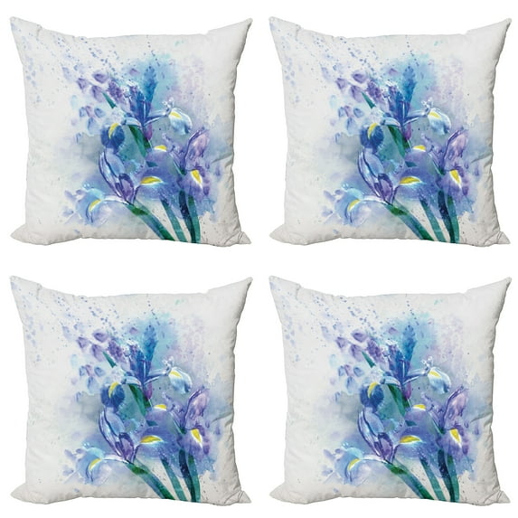 Ambesonne Floral Throw Pillow Cover 4 Pack, Iris Fresh Colors, 16", Lilac Teal Ecru