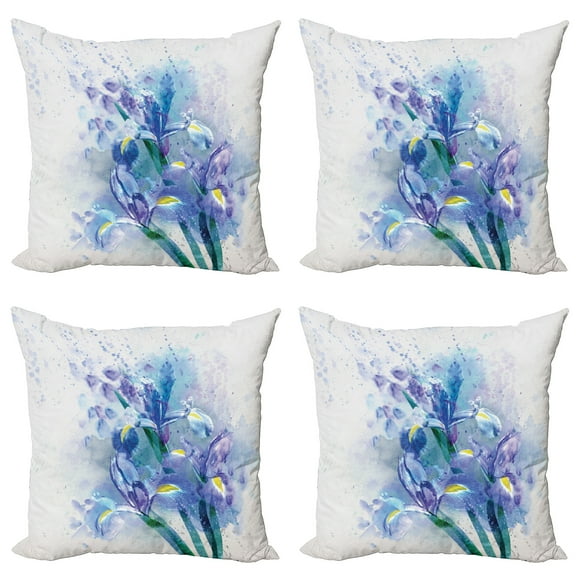 Ambesonne Floral Throw Pillow Cover 4 Pack, Iris Fresh Colors, 16", Lilac Teal Ecru