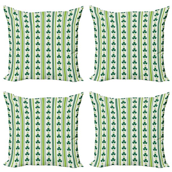 Ambesonne Floral Throw Pillow Cover 4 Pack, Irish Clovers Lines Dots, 16", Lime Green Dark Green