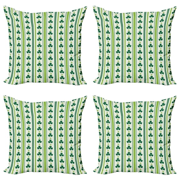 Ambesonne Floral Throw Pillow Cover 4 Pack, Irish Clovers Lines Dots, 24", Lime Green Dark Green