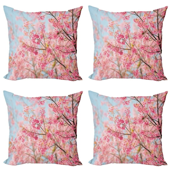 Ambesonne Floral Throw Pillow Cover 4 Pack, Japanese Sakura Cherry, 18", Pale Blue Pale Pink