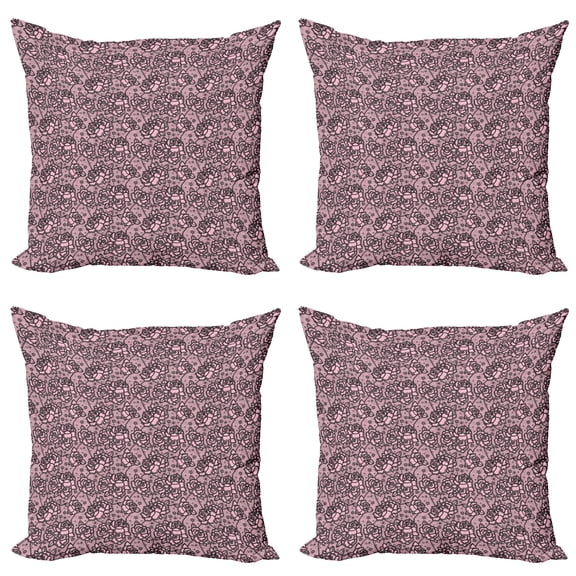 Ambesonne Floral Throw Pillow Cover 4 Pack, Lace Look Rose Flowers Art, 20", Pale Pink Charcoal Grey