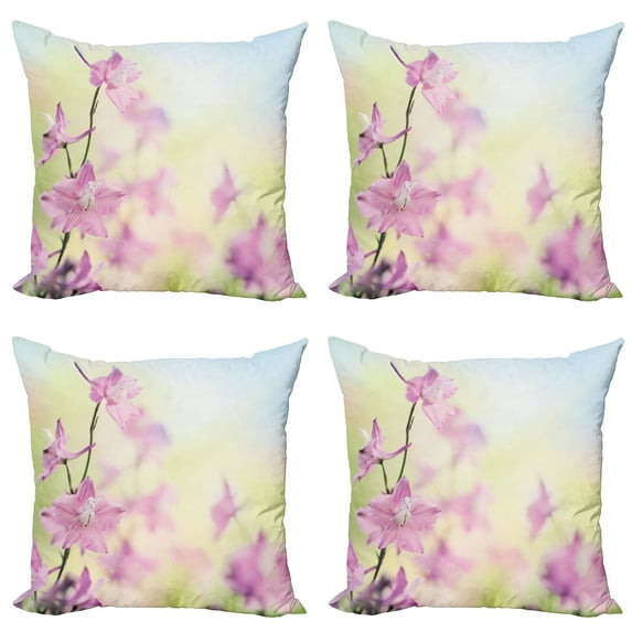 Ambesonne Floral Throw Pillow Cover 4 Pack, Larkspur Petals Summer, 16", Pale Green Pale Pink