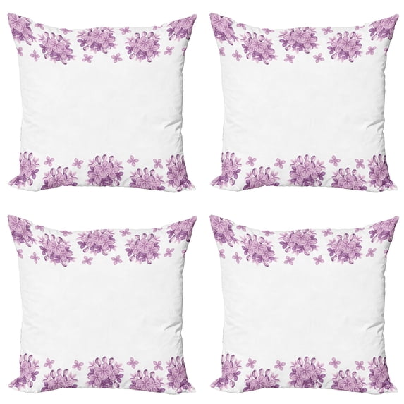 Ambesonne Floral Throw Pillow Cover 4 Pack, Lilac Flowers Blossoms, 24", White and Lilac