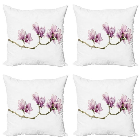 Ambesonne Floral Throw Pillow Cover 4 Pack, Magnolia on a Branch, 18", Pale Fuchsia Multicolor
