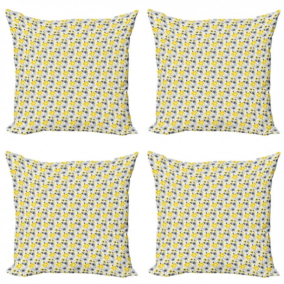 Ambesonne Floral Throw Pillow Cover 4 Pack, Modern and Abstract Flowers, 24", Grey Black and Yellow