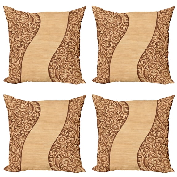Ambesonne Floral Throw Pillow Cover 4 Pack, Monochrome Tones Ornate Wood, 20", Brown and Khaki