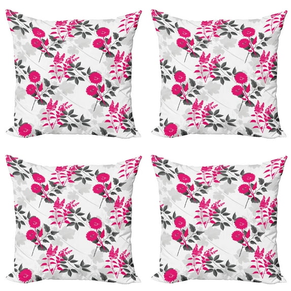 Ambesonne Floral Throw Pillow Cover 4 Pack, Nostalgic Leaf and Flowers, 18", Magenta Dark Grey White