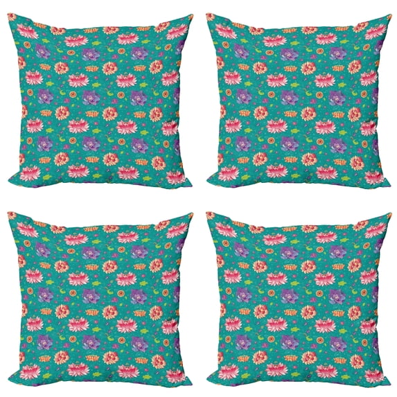 Ambesonne Floral Throw Pillow Cover 4 Pack, Oriental Garden Art Motifs, 20", Multicolor