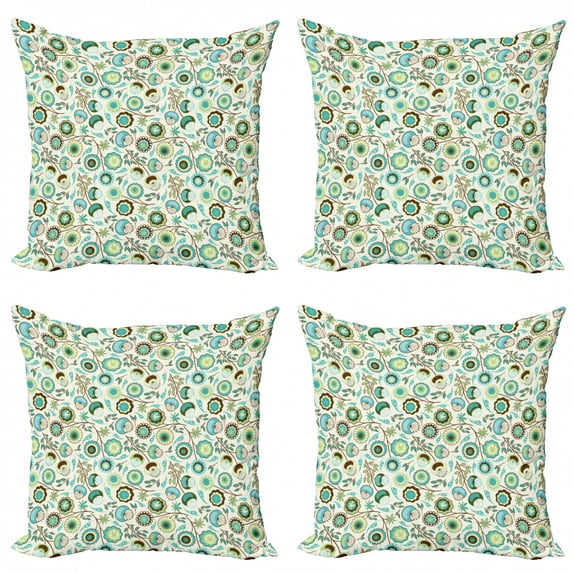 Ambesonne Floral Throw Pillow Cover 4 Pack, Pastel Nature, 16", Mint Green Sky Blue