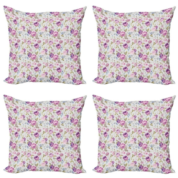 Ambesonne Floral Throw Pillow Cover 4 Pack, Pastel Tones Leaves, 24", Lilac Green Pale Blue