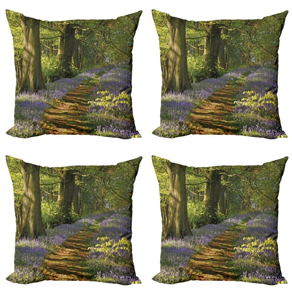 Ambesonne Floral Throw Pillow Cover 4 Pack, Path Between Bluebells, 16", Green Purple Brown