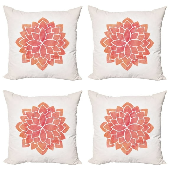 Ambesonne Floral Throw Pillow Cover 4 Pack, Pattern Lotus Illustration, 16", Coral White and Salmon