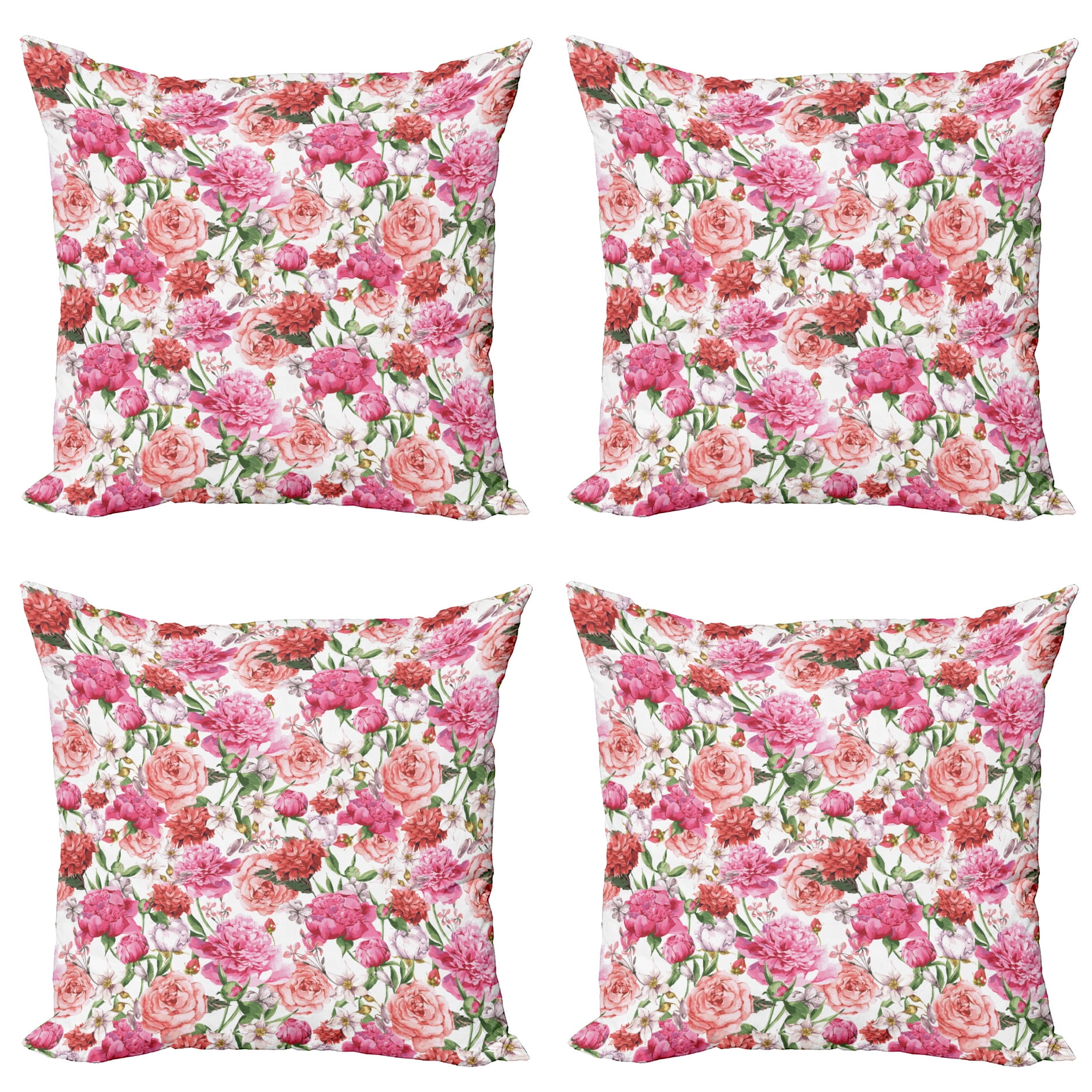 Floral Pink and White Microfiber Square Throw Pillow Covers, 16" Set of 4