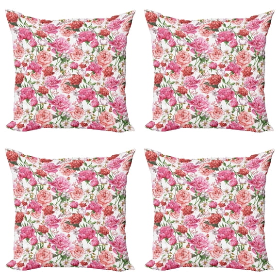 Ambesonne Floral Throw Pillow Cover 4 Pack, Peonies and Roses, 16", White Pink Blush