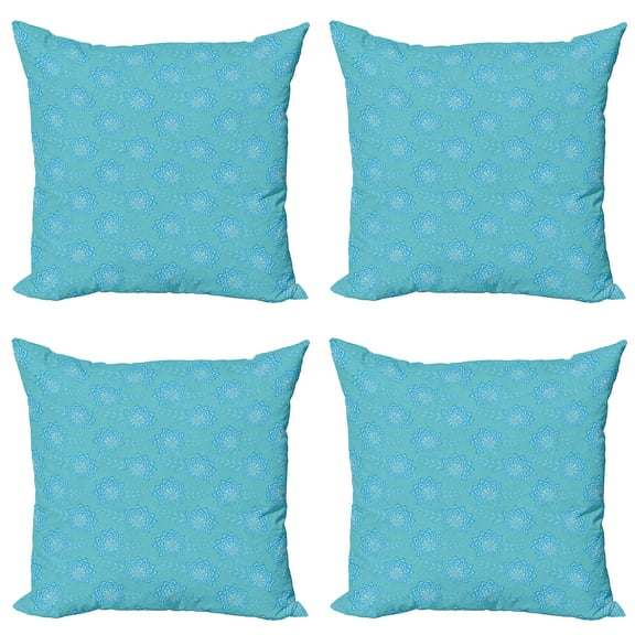 Ambesonne Floral Throw Pillow Cover 4 Pack, Pointy Petals Flowers Leaves, 24", Sky Blue Seafoam