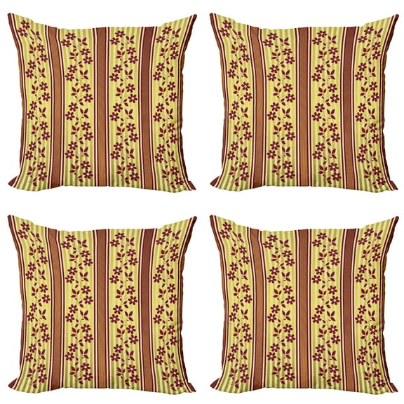 Ambesonne Floral Throw Pillow Cover 4 Pack, Red Flowers on Stripes, 16", Burgundy Yellow