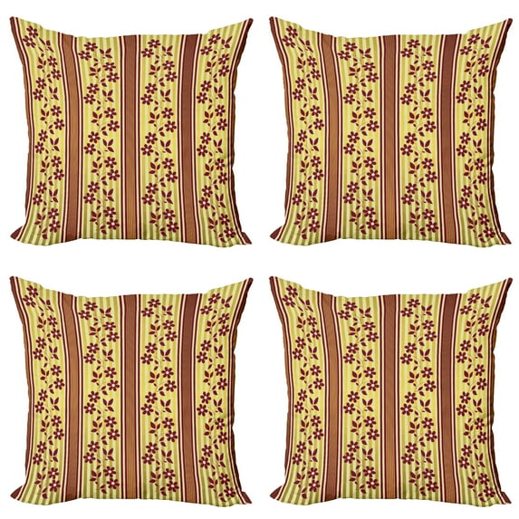 Ambesonne Floral Throw Pillow Cover 4 Pack, Red Flowers on Stripes, 24", Burgundy Yellow