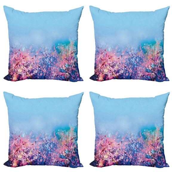 Ambesonne Floral Throw Pillow Cover 4 Pack, Retro Cherry Blossom, 18", Pink Blue