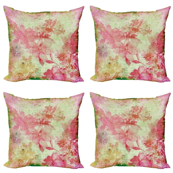 Ambesonne Floral Throw Pillow Cover 4 Pack, Retro Design Old Grunge, 24", Pink and Green
