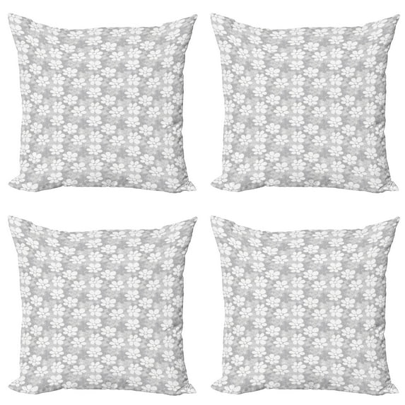 Ambesonne Floral Throw Pillow Cover 4 Pack, Romantic Overlapping Flowers, 20", White Grey and Pale Grey