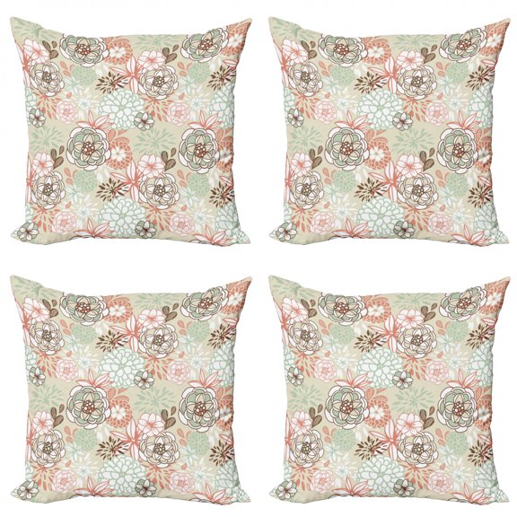 Ambesonne Floral Throw Pillow Cover 4 Pack, Romantic Wildflowers, 16", Pale Green Brown Peach