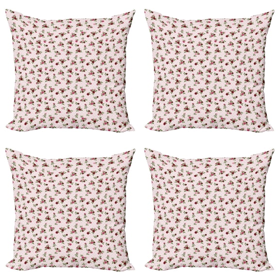 Ambesonne Floral Throw Pillow Cover 4 Pack, Rose Bouquet on Polka Dots, 20", Pink Burgundy and Green