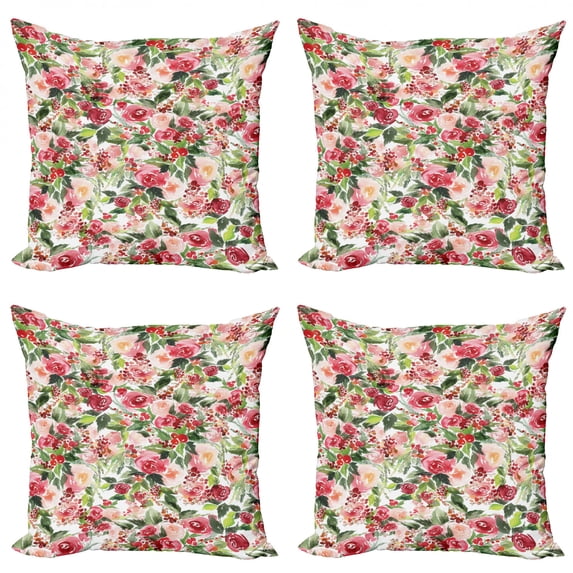 Ambesonne Floral Throw Pillow Cover 4 Pack, Roses Berries Bouquet Art, 20", Green Pink