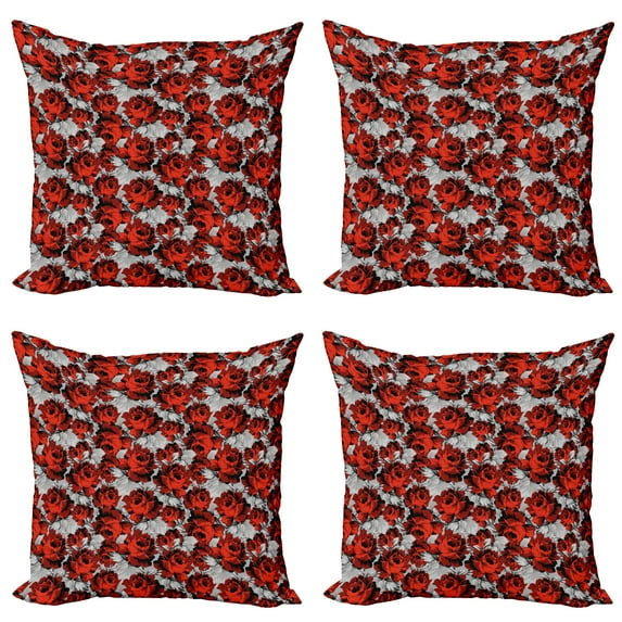 Ambesonne Floral Throw Pillow Cover 4 Pack, Roses Vintage Valentines, 18", Red Grey Black
