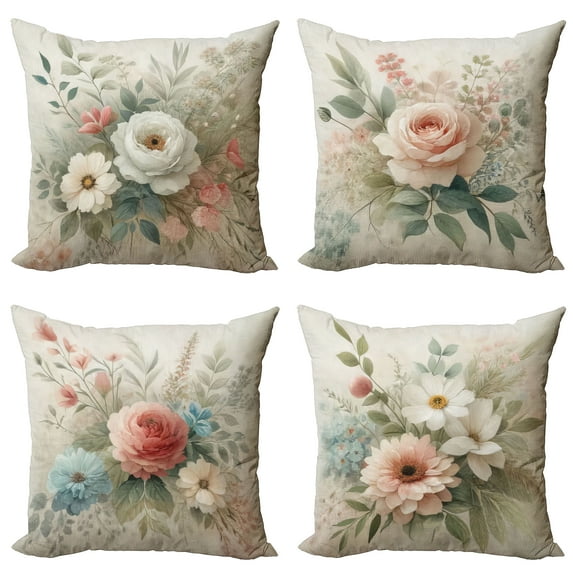 Ambesonne Floral Throw Pillow Cover 4 Pack, Rustic Pure Floral Bohemia, 20", Pale Sepia Multicolor
