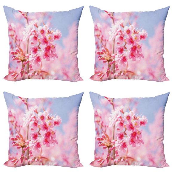 Ambesonne Floral Throw Pillow Cover 4 Pack, Sakura Blossom Branches, 18", Pale Pink Purplegrey