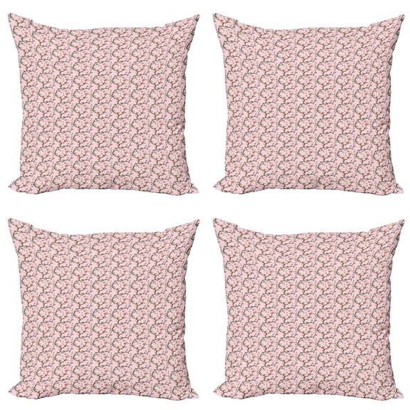 Ambesonne Floral Throw Pillow Cover 4 Pack, Sakura Tree Branches, 18", Rose Salmon Jade Green
