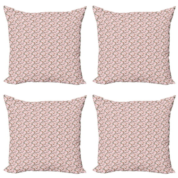 Ambesonne Floral Throw Pillow Cover 4 Pack, Sakura Tree Branches, 18", Rose Salmon Jade Green