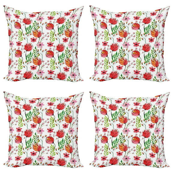 Ambesonne Floral Throw Pillow Cover 4 Pack, Scribbled Flowers and Leaves, 24", Pink Green