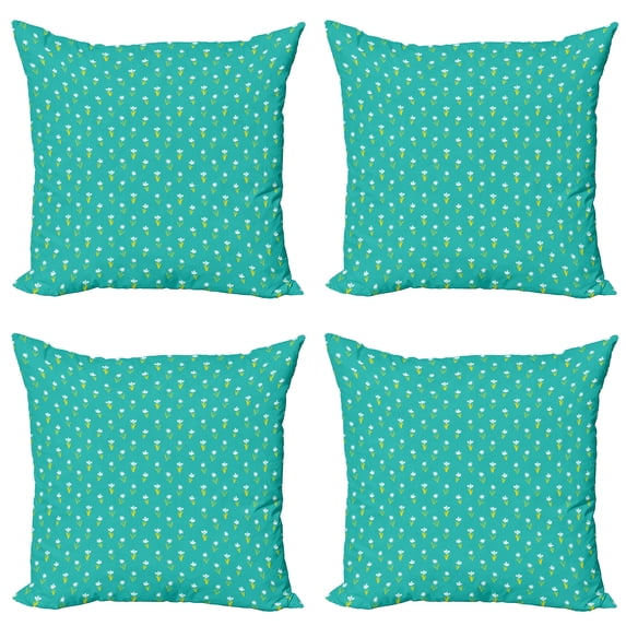 Ambesonne Floral Throw Pillow Cover 4 Pack, Scribbled Prehistoric Flowers, 18", Turquoise Yellow