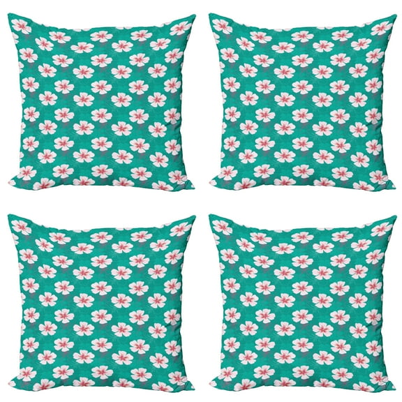 Ambesonne Floral Throw Pillow Cover 4 Pack, Simple Garden Flower Motifs, 16", Pale Pink Turquoise