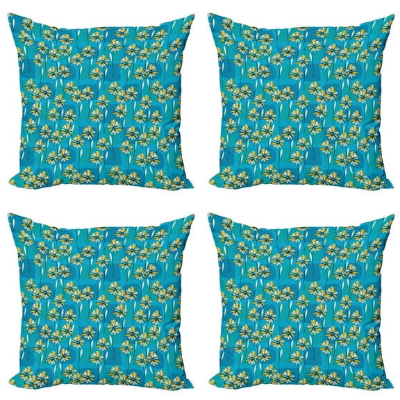 Ambesonne Floral Throw Pillow Cover 4 Pack, Sketchy Garden Flowers, 18", Blue Yellow and White