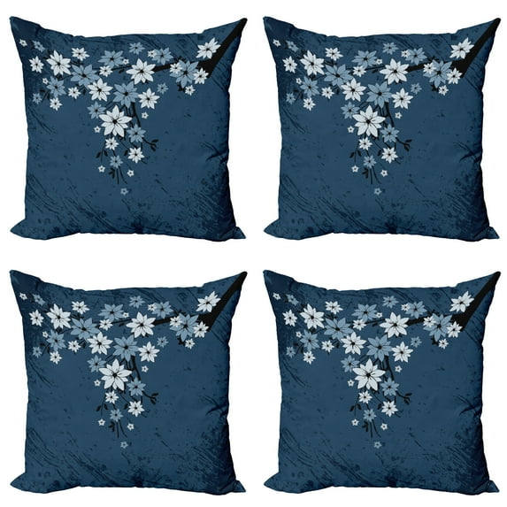 Ambesonne Floral Throw Pillow Cover 4 Pack, Spring Blooms Flourish, 24", Night Blue Dust