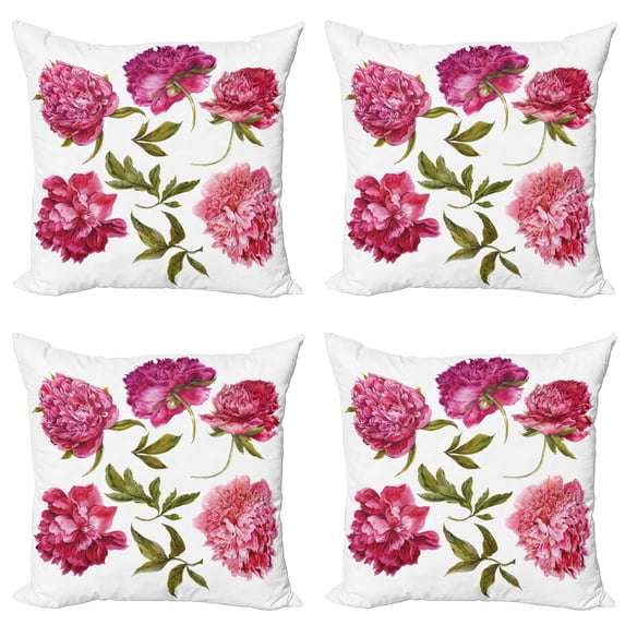 Ambesonne Floral Throw Pillow Cover 4 Pack, Spring Buds Vivid Tones, 20", Olive Green Magenta