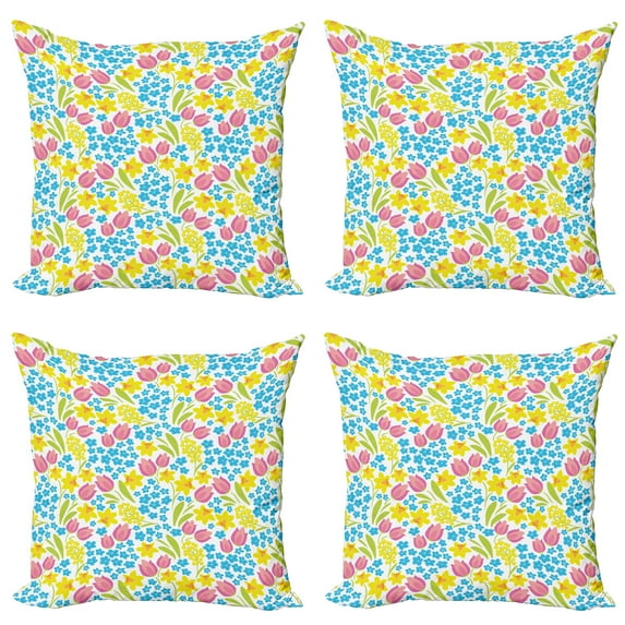 Ambesonne Floral Throw Pillow Cover 4 Pack, Spring Daffodil Tulip Mimosa, 24", White and Multicolor