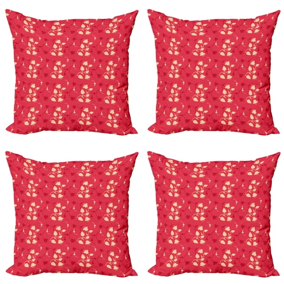 Ambesonne Floral Throw Pillow Cover 4 Pack, Spring Essential Wild Flora, 20", Dark Coral Vermilion