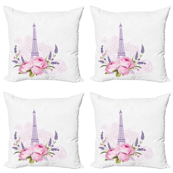 Ambesonne Floral Throw Pillow Cover 4 Pack, Spring Flora Eiffel Tower, 24", Lavender and Multicolor