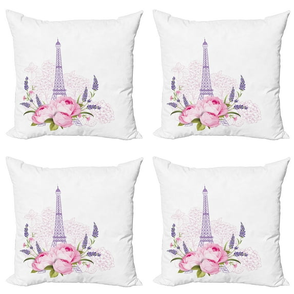 Ambesonne Floral Throw Pillow Cover 4 Pack, Spring Flora Eiffel Tower, 24", Lavender and Multicolor